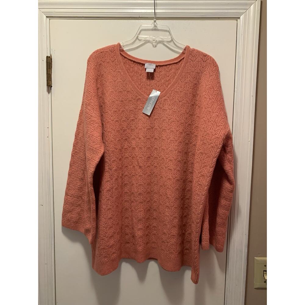 NWT Chico’s Vneck Pullover Drama Cable Knit Sweater Strawberry Blush Pink SZ XL